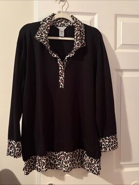 Multiples Black Long-Sleeve Top with Leopard-Print Trim